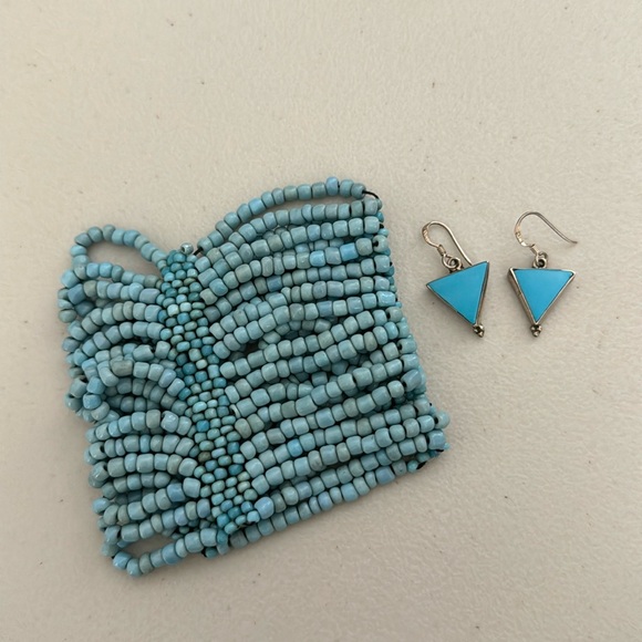 Jewelry - Turquoise Color Beaded Cuff Bracelet & Sterling Silver Earrings